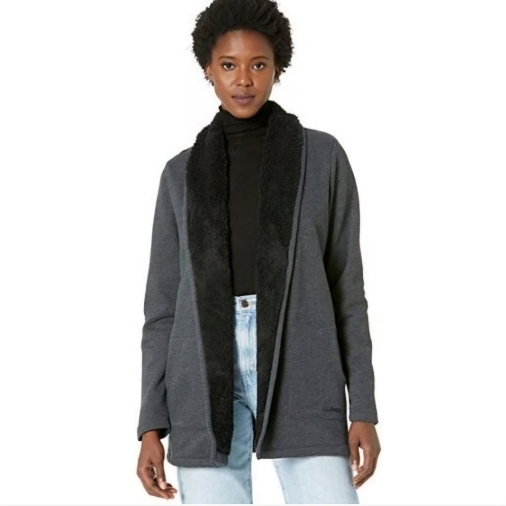L.L. BEAN Women's Sherpa Lined Cozy Open Cardigan Heather Grey Black Small‎